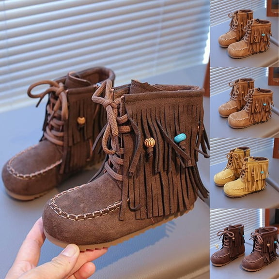 Miluxas Little Girls Tassel Suede Ankle Boots Side Zipper Short Booties Fleece Lined Winter Snow Boots Yellow 2 M(36)