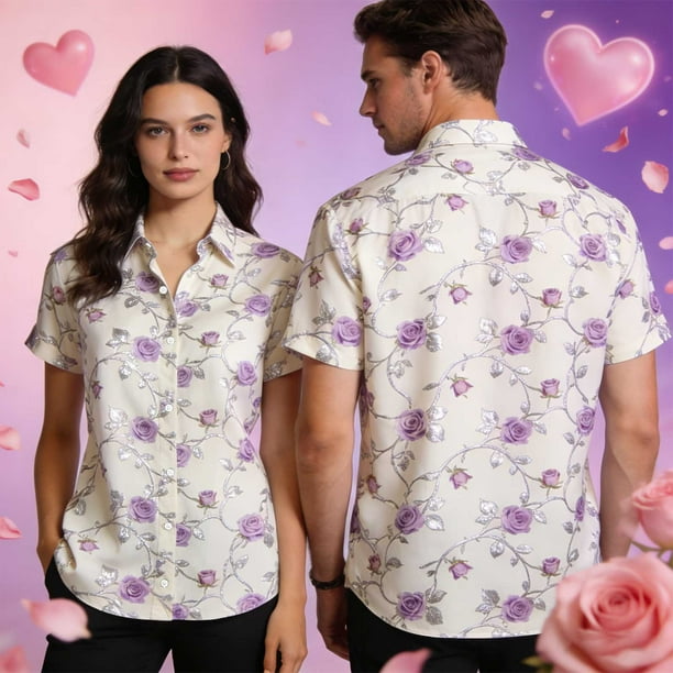 Blusa y camisa de manga corta con cuello vuelto, moda para hombre y mujer, informal, de manga corta, con estampado y cuello vuelto, con botones.
