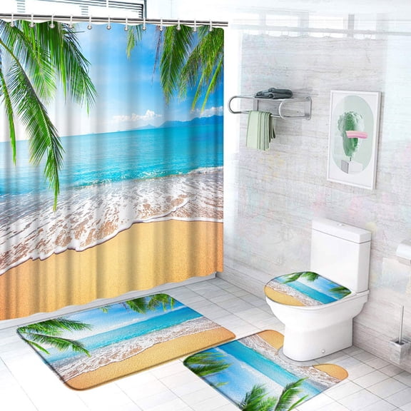 Seaside Bathroom Set With Shower Curtain And Rugs Blue Ocean with Fish Starfish Coconut Tree Rug Toilet Cover Bathroom Decor Set