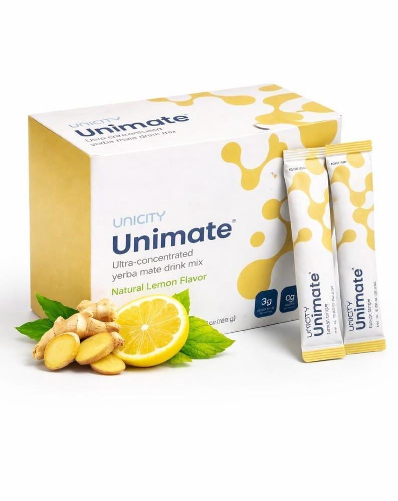 Unicity Unimate Lemon Drink Mix with Bottle, 30 Sachets, Instant Lemon Beverage Powder, Reusable Mixing Bottle Included, Low Calorie Daily Drink Mix, Travel Friendly for Men & Women