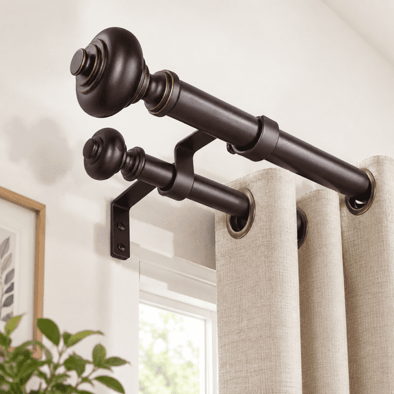 Bronze 36"-153" Double Curtain Rod Decorative Heavy Duty Window Rod Set