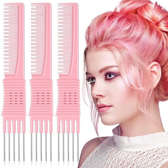 3 Pack Carbon Lift Teasing Combs with Metal Prong, Hair Pick Comb for Women Hair Styling(Pink)