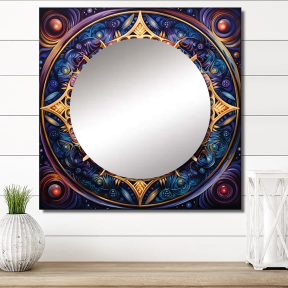 Designart "Vintage Gold Floral Mandala Enchantment" Boho Mandala Square Mirror Wall Decor Traditional - Large Blue Square Bathroom Mirror - Square Printed Wall Mirror Art