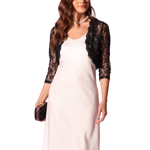 Allegra K Women's Crop Cardigan 3/4 Sleeve Sheer Floral Lace Shrug Tops