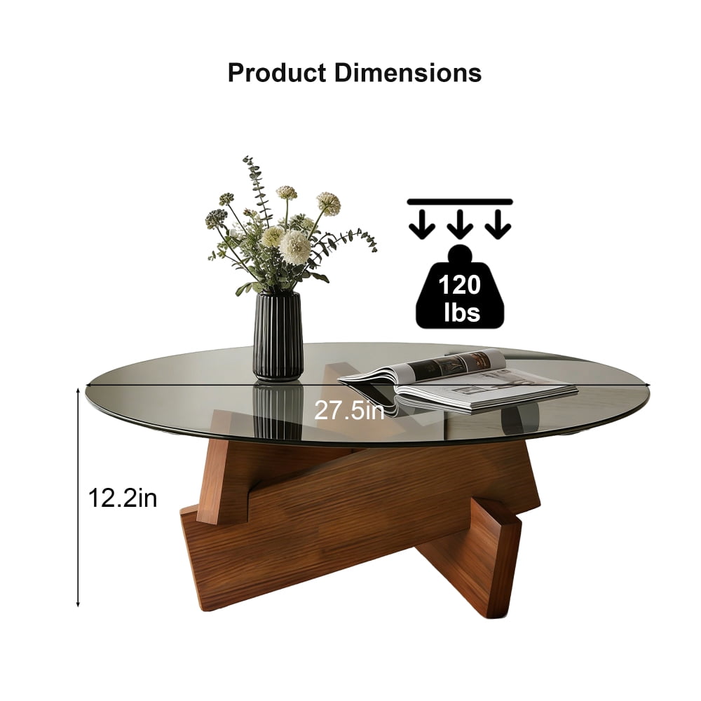 Modern Round Coffee Table for Living Room, 27.5" x 27.5" x 12.2" Mid Century Center Table with Tempered Glass Top and Wood, Walnut