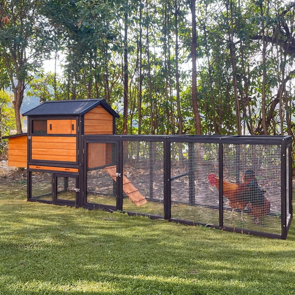 114" Chicken Coop with Run, Wooden Hen House for 2-6 Chickens with Nesting Box, Waterproof Asphalt Roof, Ramp, Wire Fence for Backyard(Brown)
