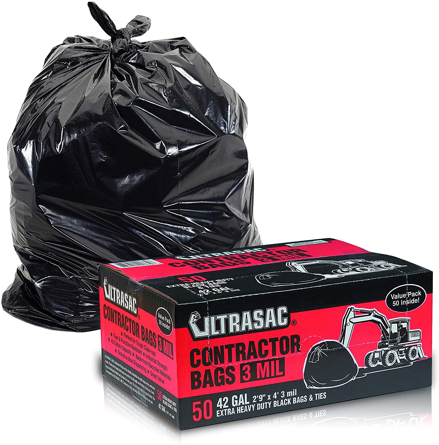 Heavy Duty Contractor Bags by (VALUE 50 PACK), 42 Gallon, 33" x 48" 3 MIL Thick Large Black
