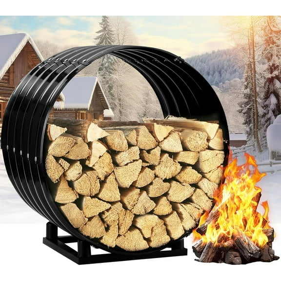 Round Fireplace Log Holder Stand for, Porch, 32IN Firewood Rack Hoop Outdoor Indoor, Heavy Duty Fire Wood Storage Rack with Rustproof Cover, 300Lbs Load Capacity, Deck