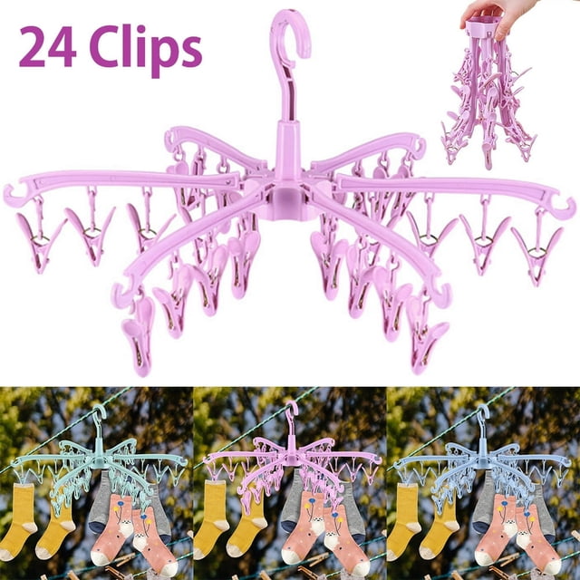 DEBGFS Sock Drying Rack 24 Clips Plastic Laundry Clothes Hanger Rotatable Hanger Foldable Portable Clothes Drying Rack for Socks Underwear Baby Clothes,pink