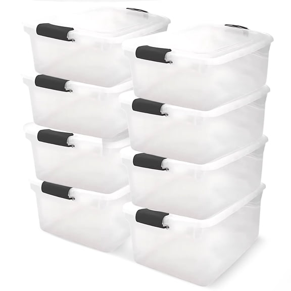 HOMZ 64-Quart Clear Stackable Plastic Storage Bins, Black Latches, 8 Pack