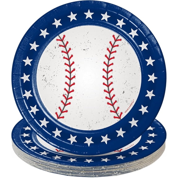 HOME & HOOPLA Baseball Party Supplies - Red, White, & Blue All-Star Round Paper Dessert Plates for 16 Guests