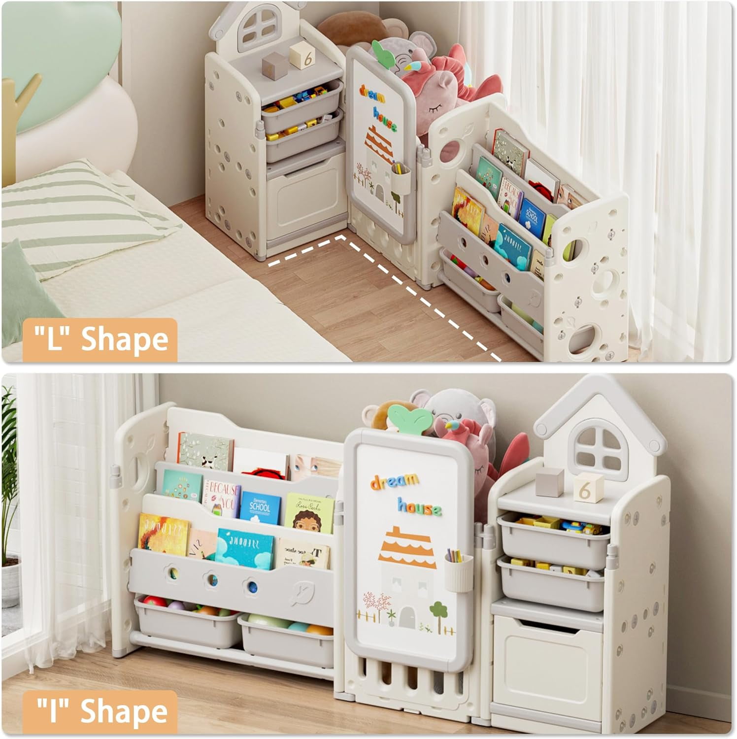 Kids Toy Storage Organizer with 10 Removable Bins, NEORIVER Foldable Toy Organizers and 3-Tier Bookshelf, White