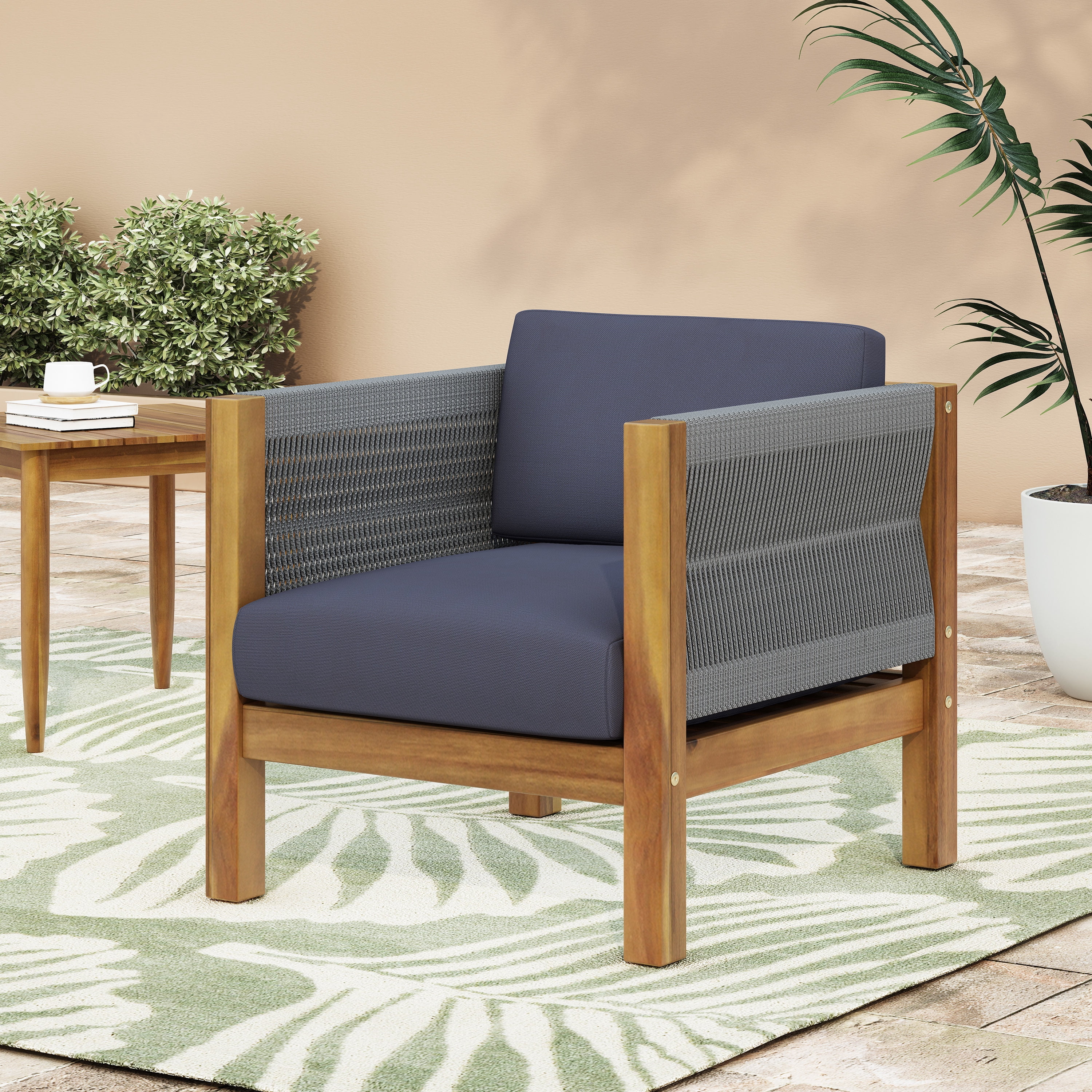 Euroco 2-Piece Modern Outdoor Club Chair Set with Acacia Wood Frame and Rattan Rope Weave