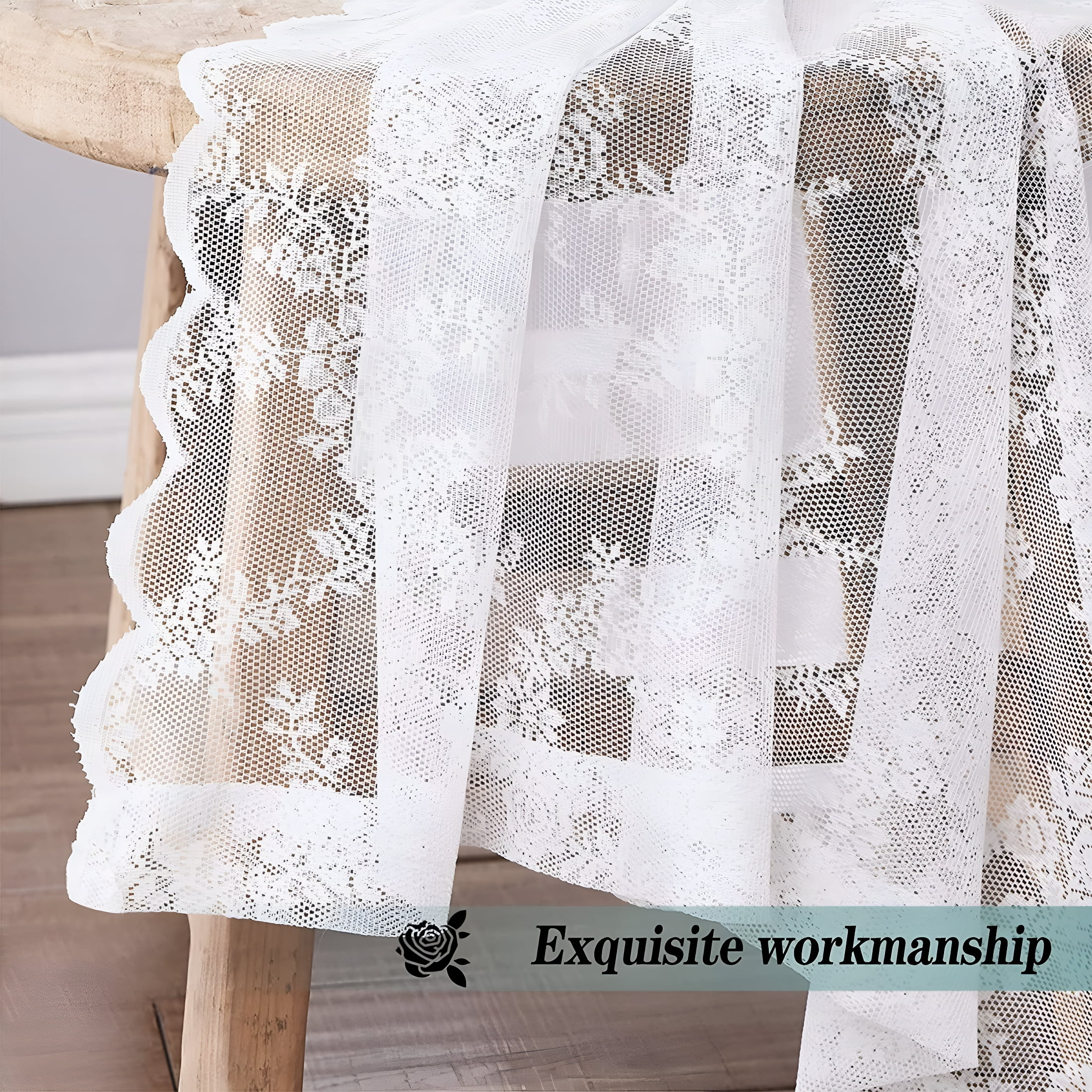 AUQ White Lace Sheer Curtain Panels for Living-Room,Beaded Curtain,Rose Floral Embroidery Draperies for Farmhouse,Rod Pocket 95"L X 55"W X 2 Pcs