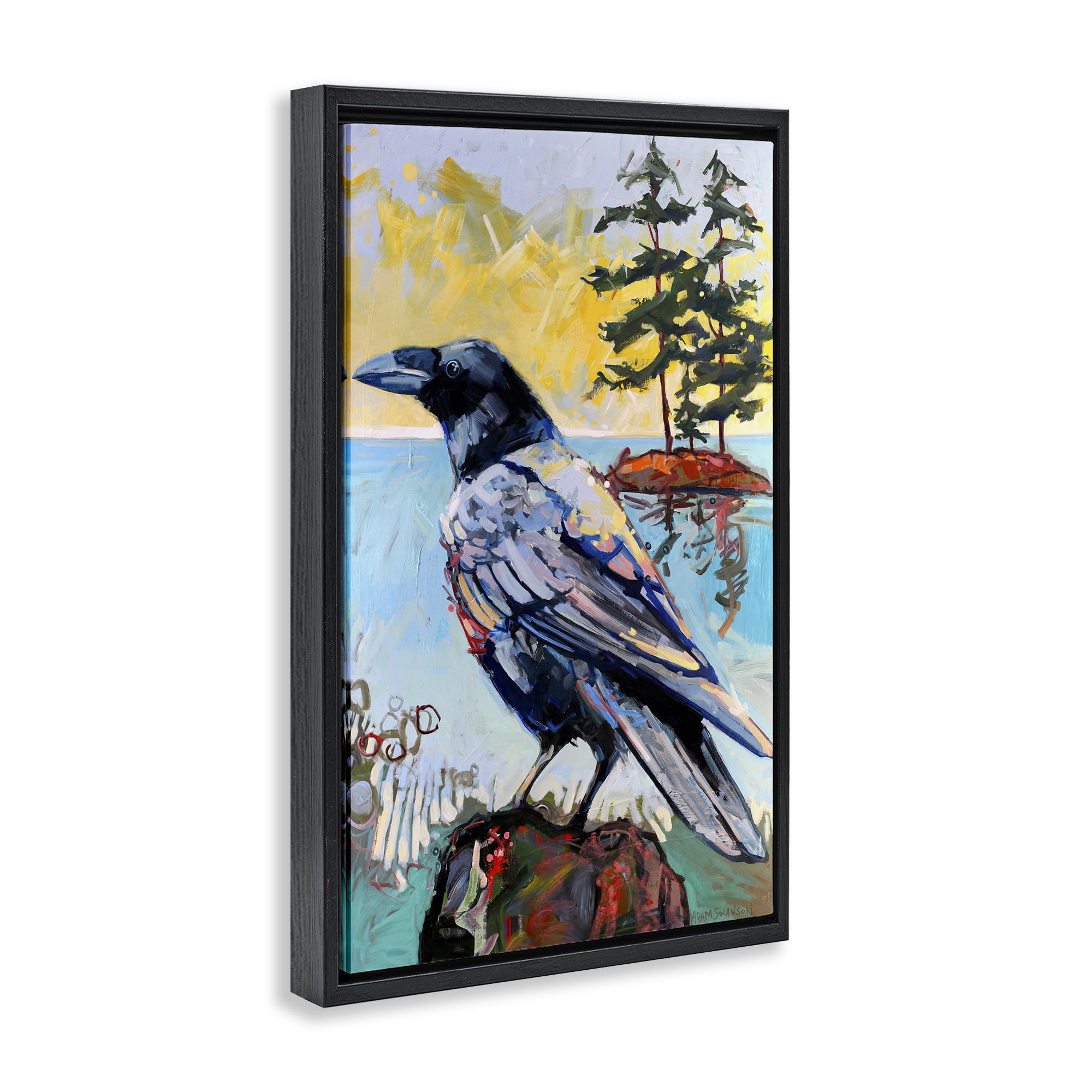 Stupell Industries Crow in Modern Landscape Birds Painting Black Floater Framed Canvas Art Print Wall Art, 21 x 31