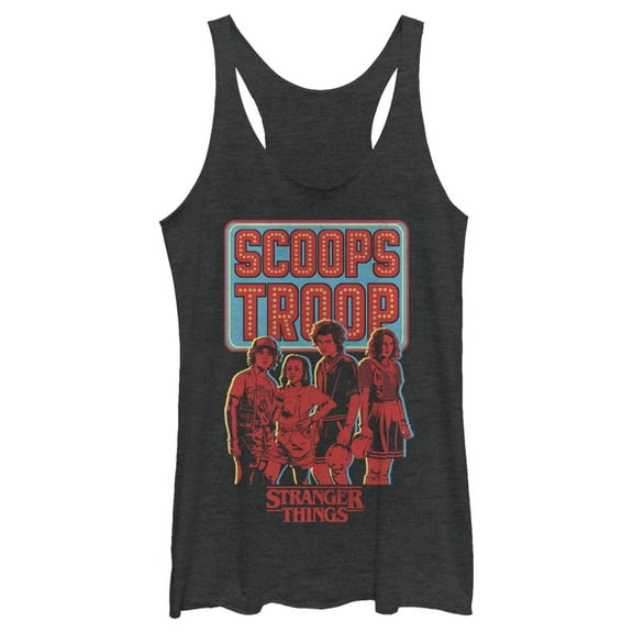 Netflix Women's Stranger Things Scoops Troop Character Pose Racerback Tank Top Black Heather Medium