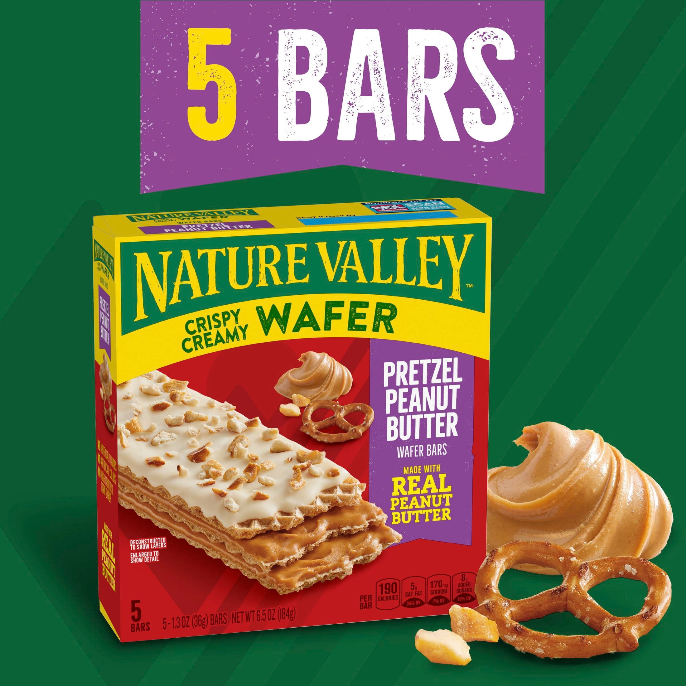 (2 pack) Nature Valley Crispy Creamy Wafer Bars, Pretzel Peanut Butter, 5 Bars, 6.5 oz