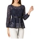 thumbnail image 2 of INSPIRAR CHIC Blusa de encaje con peplum para mujer, mangas de pulsera florales, top con cintura ajustable 2XL azul oscuro, 2 of 7