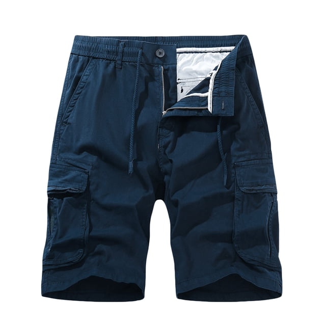Pisexur Half Shorts Pants Men Casual Solid Zipper Button Pockets Elastic Waist Cropped Cargo Shorts