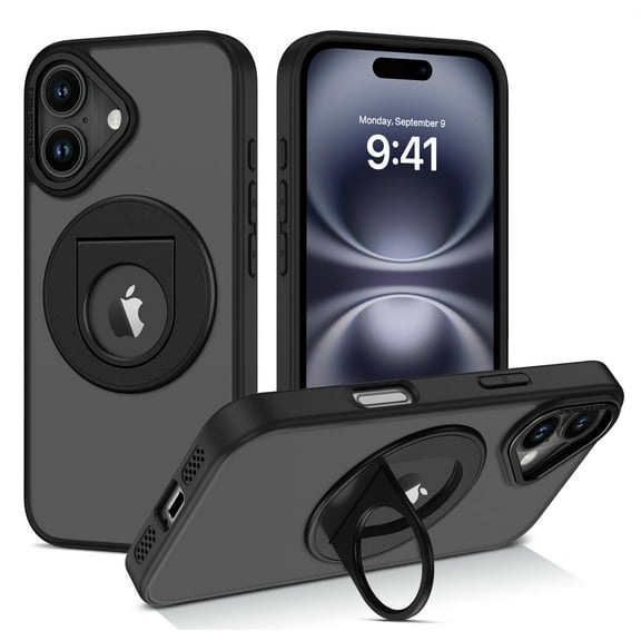 DOMAVER iPhone 16 Case (6.1") - Magnetic Slim Protective Cover | MagSafe Compatible | Built-in 360° Ring Holder & Kickstand | Car Mount Ready | Translucent Matte Black