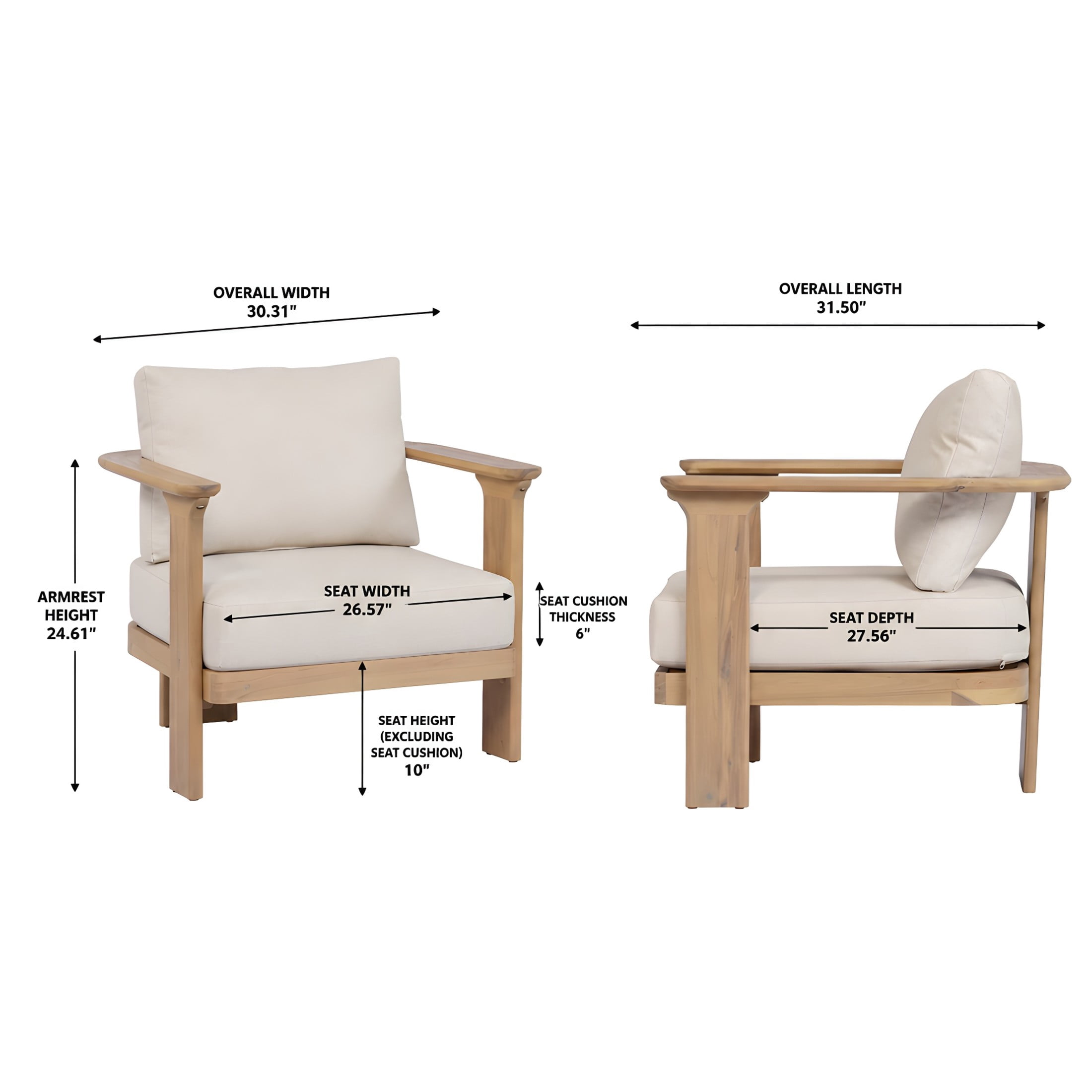 Christopher Knight Home Set of 2 Acacia Wood Outdoor Club Chairs with Water Repellent Cushions, Brown+Beige