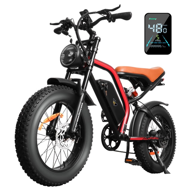 bicicleta eléctrica honey whale k6 rojo Nuevo Modelo, vista 3/4 frontal de e-bike roja con cuadro de acero, asiento marrón, llantas fat tires off-road, motor trasero 1080W y 7 marchas; pantalla LCD muestra velocidad máxima 48 km/h; también suele usarse para trayectos urbanos y paseos recreativos.