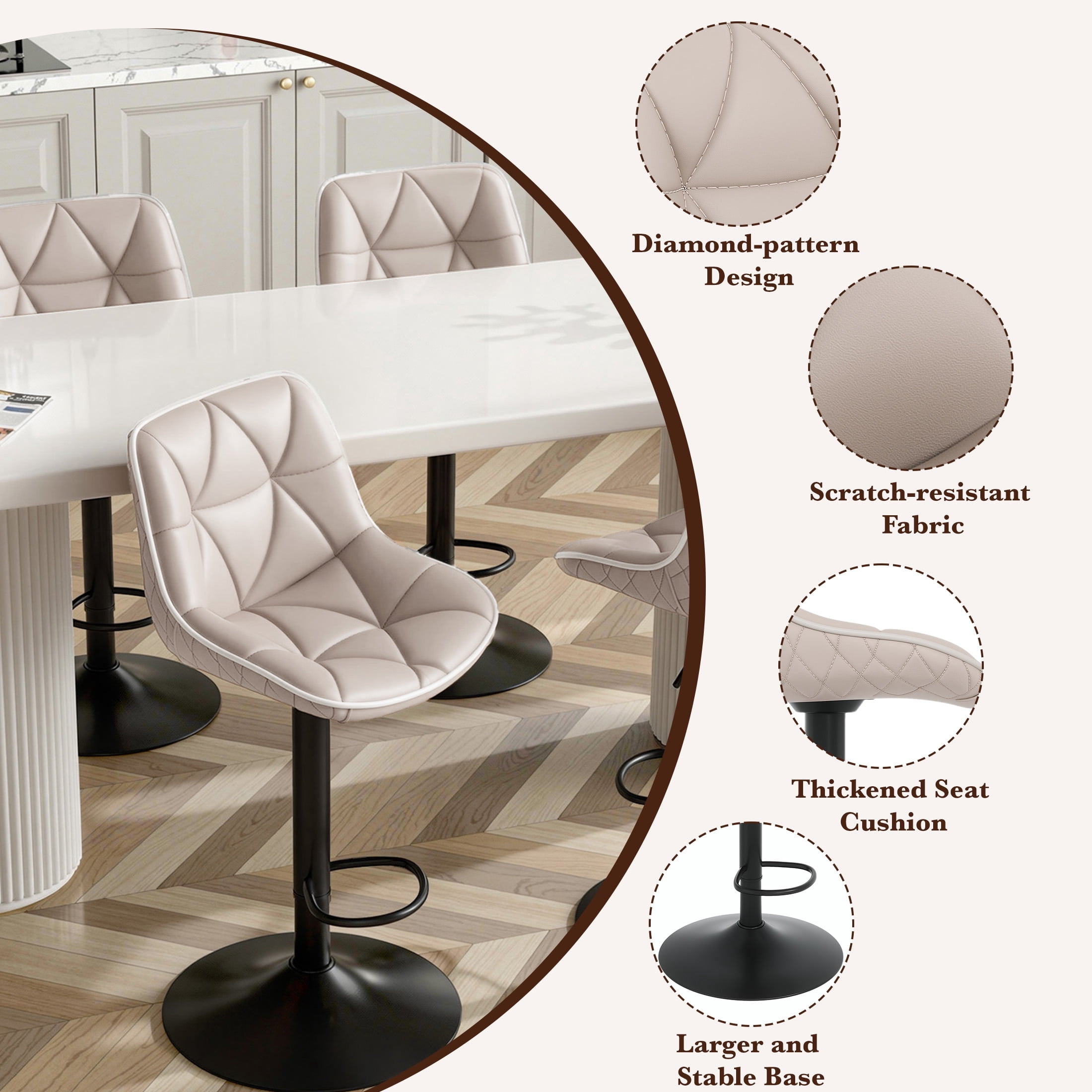 Hawsaiy Bar Stools Set of 2, Adjustable Swivel Counter Height Bar Stools with Back, Upholstered Modern Barstools with Diamond Stitching, Khaki