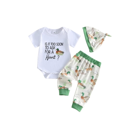 BemeyourBBs Newborn Baby Boy Duck Hunting Outfit Infant Baby Boys Spring Summer Fall Clothes 0 3 6 12 18 Months Cute Mallard Letter Print Short Sleeve Romper Long Pants and Hat 3 Piece Set