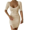 thumbnail image 1 of Bigersell Robes pour Occasions Spéciales Manches Courtes Femme Été Décontracté Col Rond Uni Mini-Robe à Manches Courtes Femme Boîte de Nuit et Sorties de Nuit Robes Régulières Moulantes, Style 22340, Beige P, 1 of 8