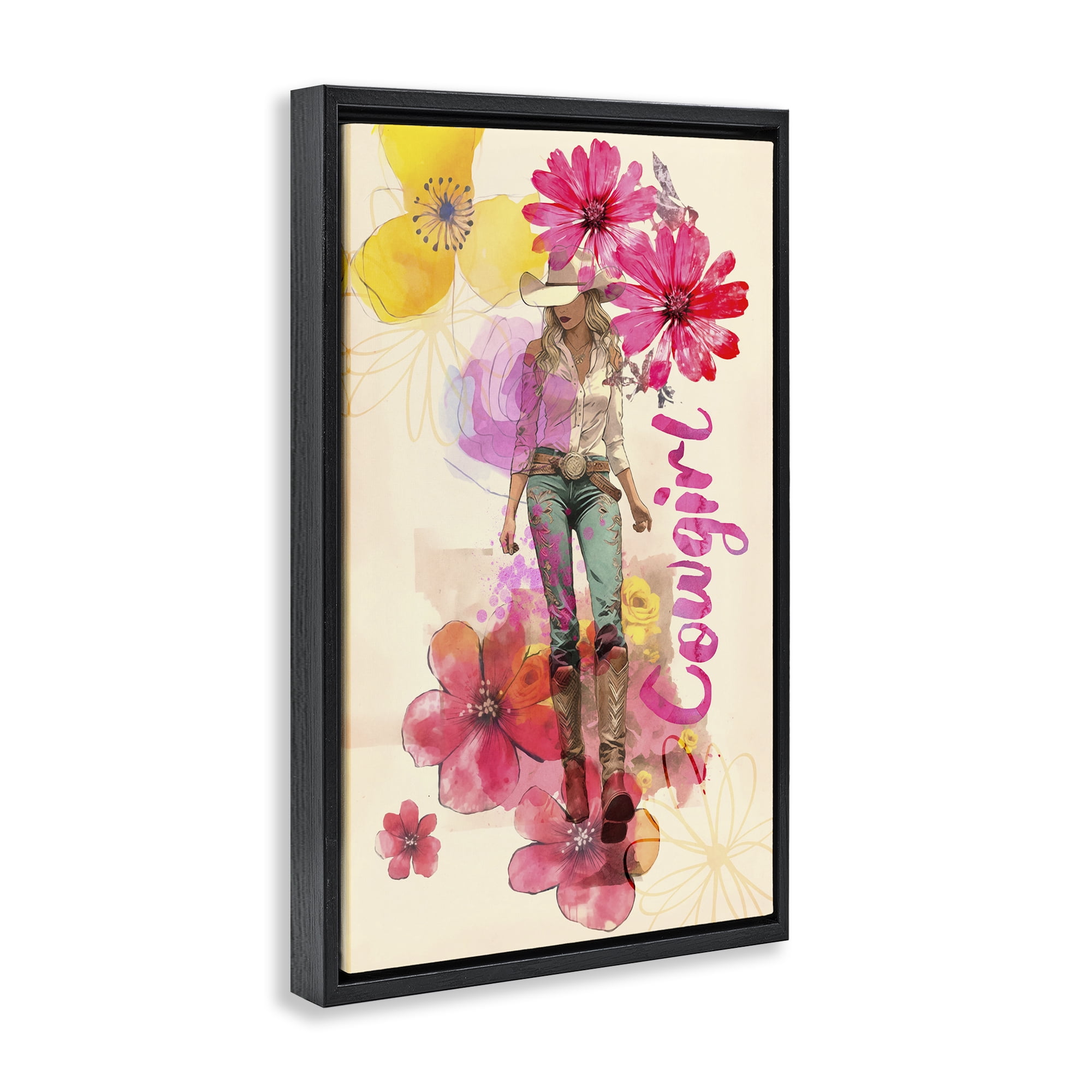 Stupell Industries Fancy Floral Cowgirl People Painting Black Floater Framed Canvas Art Print Wall Art, 17 x 25