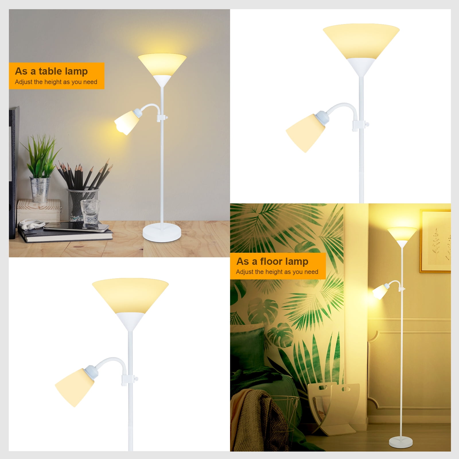 Adjustable Floor Lamp, 2 Head LED Torchiere Standing Lamp, Modern Dimmable Tall Reading Light with Bulbs for Living Room