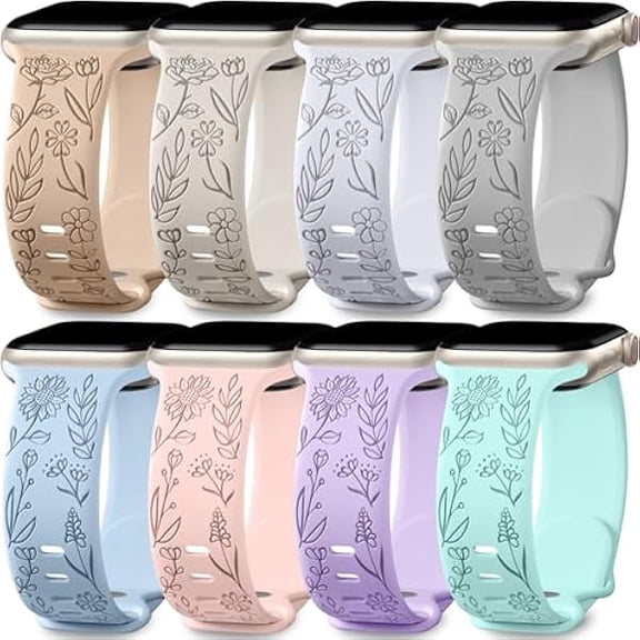 1997 8 Pack Bands for Women Compatible with Apple Watch 41mm iWatch Series 11 10 9 8 7 6 5 4 3 Ultra SE 3 SE 2nd, Soft Silicone Floral Engraved Dressy Wrist Straps
