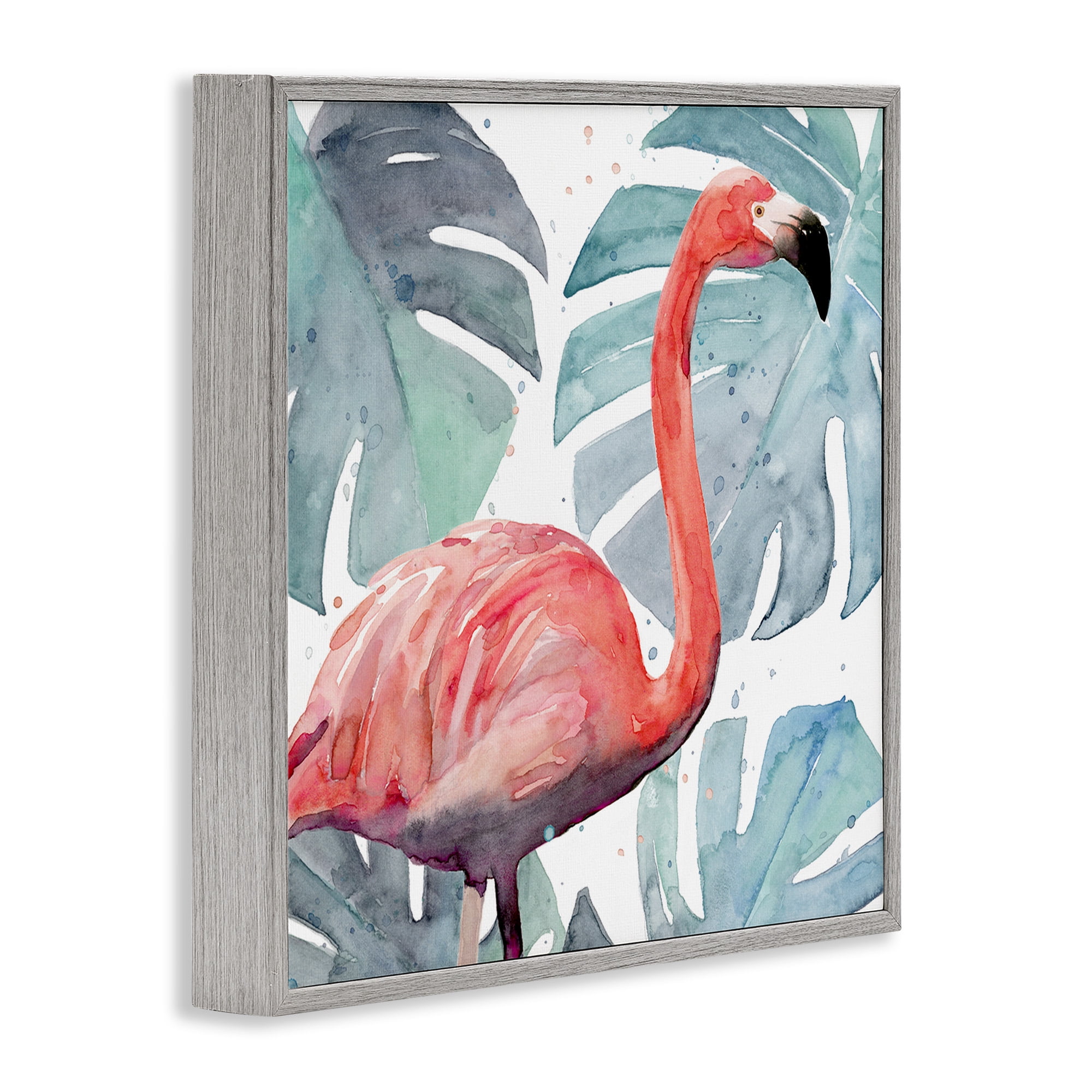 Stupell Industries Flamingo over Tropical Greenery Animals & Insects Painting Gray Framed Art Print Wall Art, 12 x 12