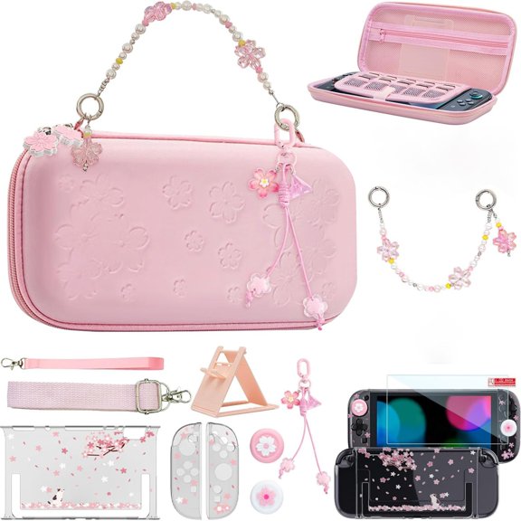 Set de funda de transporte para Nintendo Switch 2 con fundas para mandos, protectores para los pulgares, protector de pantalla y correa de mano Sakura