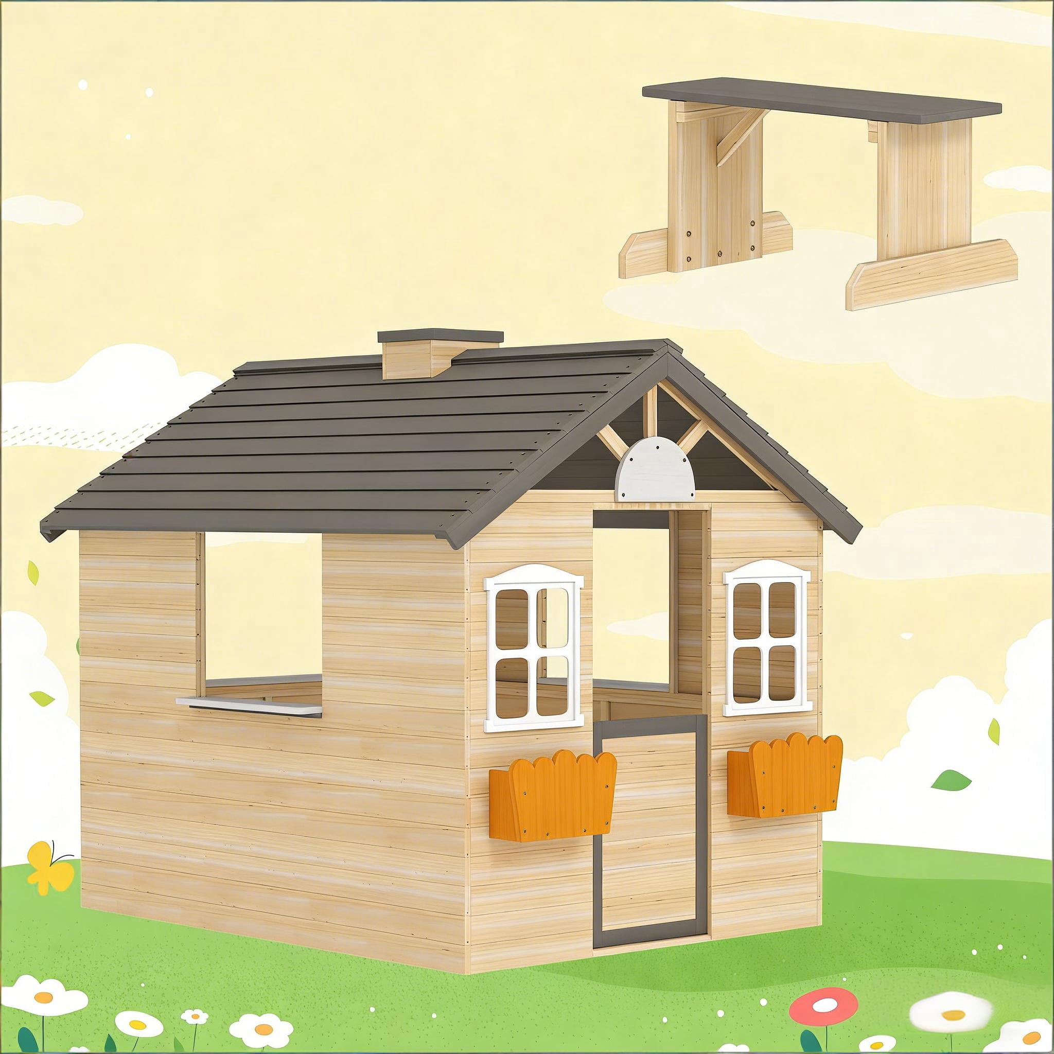 Kids Wooden Outdoor Playhouse with Bench, Service Station & Flowerpot Holders, Fir Wood Play House with Half Door & Windows, Tilted Roof, for Ages 3–7