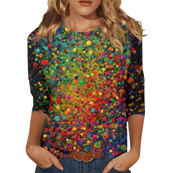 Mardi Gras Shirts Womens Sparkly Crew Neck Party Blouse 3/4 Sleeve Sequins Gold Tunic Tops Vermilion L