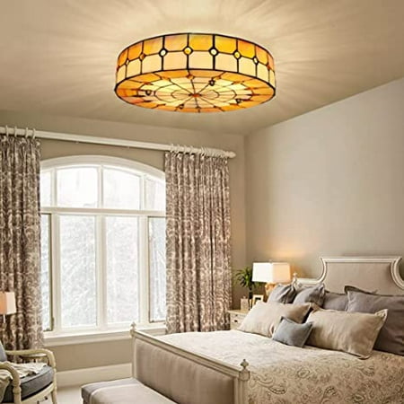 

KPIBEST 16” Tiffany Style Ceiling Light Fixture Vintage Hand-Made Flush Mount Stained Glass Chandelier Decorative Lighting Lamp 3-Lights for Living/Bedroom Entryway