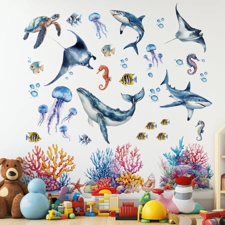 Translucent PVC Self Adhesive Wall Stickers Waterproof Building Decals for Home Living Room Bedroom Wall Decoration Shark 1180x390+600x380mm 3 sheets/set