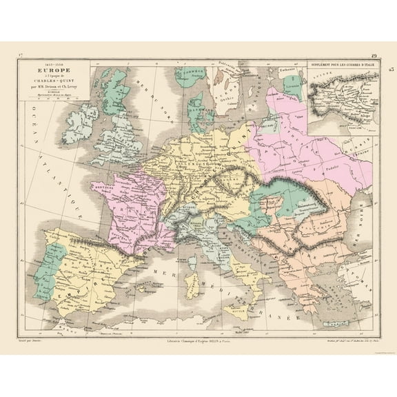 Historic Map - Europe 1453 to 1558 - Drioux 1882 - 29.06 x 23 - Vintage Wall Art
