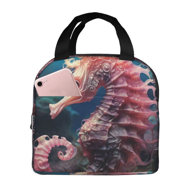 Fotbe Ocean Seahorse Bolsa Térmica con Estampado y Forro de Aluminio Grueso Bolsa de Almuerzo con Bolsillo Frontal para Hombres y Mujeres, Ideal para Trabajo, Escuela