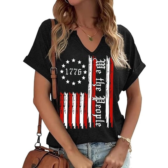 PUCKOLITY We The People 1776 Shirts for Women Fourth of July T-Shirts USA Flag Shirt Patriotic Graphic V-Neck Tee Tops(M,1 Black)