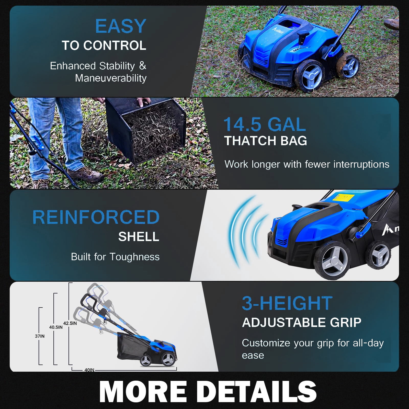 ANLIBATT 16 In Dethatcher Scarifier 15 Amp Corded Electric 2 in 1 Thatching Rake with 5 Position Depth Adjustment 14.5 Gallon Collection Bag Push Lawn Machine