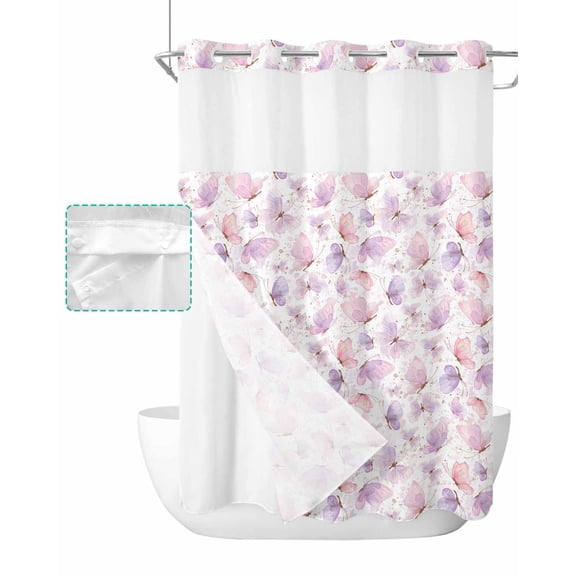 No Hook Shower Curtain with Snap in Liner, Pink Minimalist Ink Wash Spring Plant Flowers Hotel Shower Curtains for Bathroom, Washable Shower Curtain Liner Set with Mesh Top Window, 72"x84"