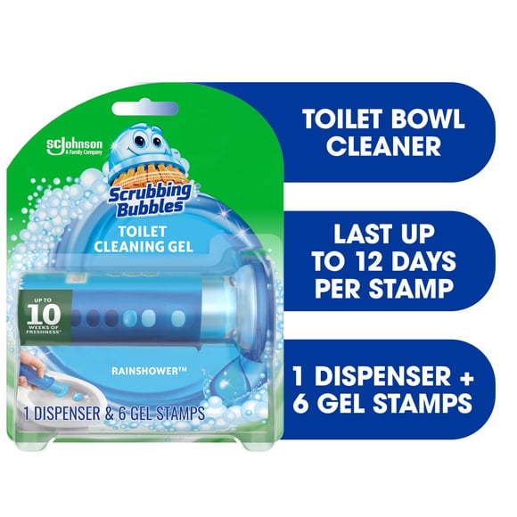 Scrubbing Bubbles® Toilet Bowl Cleaner, Fresh Gel Stamp, Rainshower Scent, Dispenser with 6 Gel Stamps