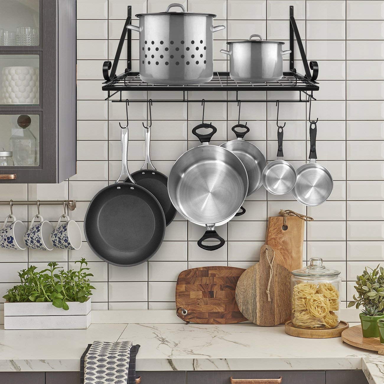 Sorbus Hanging Pot Rack with Storage Shelf, 10 Hooks for Pots, Pans and Utensils, Black