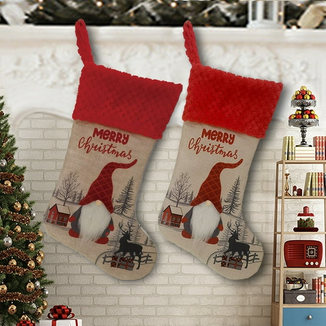 2 Pcs Christmas Stockings New Set, Gnomes Santa Christmas Stockings Personalized (18inch) Soft Classic Red And Fireplace Hanging For Family Holiday Xmas