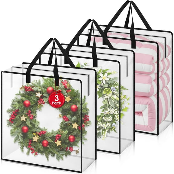 KAIPARA 3 Pack Wreath Storage Bag, Clear Christmas Wreath Storage Container, Spring Summer Wreath Organizers, Moving Bags Heavy Duty for College Clothes Blanket Pillow