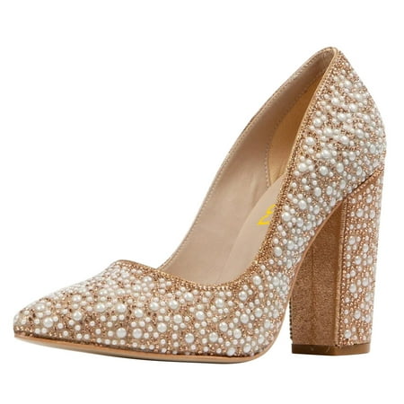 FSJ Women Chic Sparkly Rhinestone Studded Pointed Closed Toe Pumps Chunky Block High Heel Slip On Wedding Party Formal Shoes Size 7.5 Rose Gold Pearls