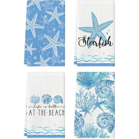 Starfish Scallop Ocean Theme Summer Kitchen Towels Dish Towels, 18x26 Inch Seasonal Decoration Hand Towels Set of 4