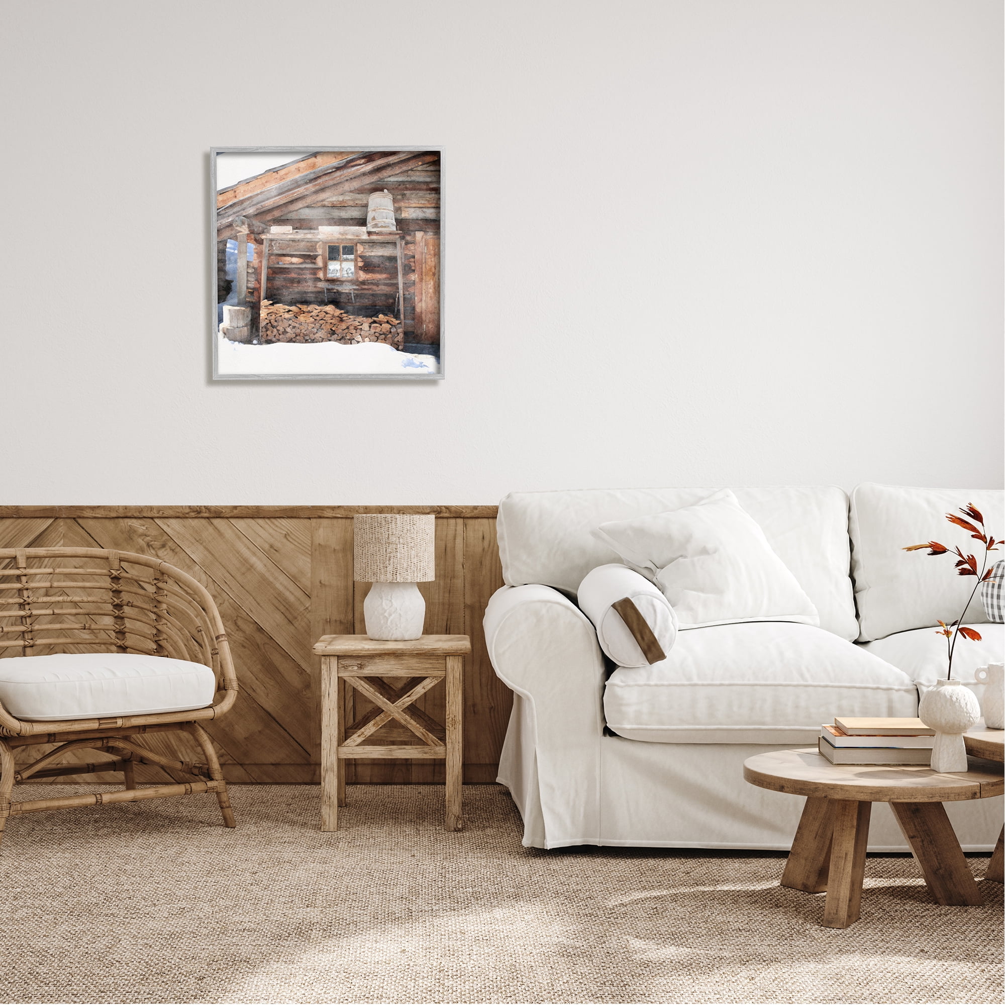Stupell Industries Lumber at Winter Cabin Travel & Places Painting Gray Framed Art Print Wall Art, 24 x 24